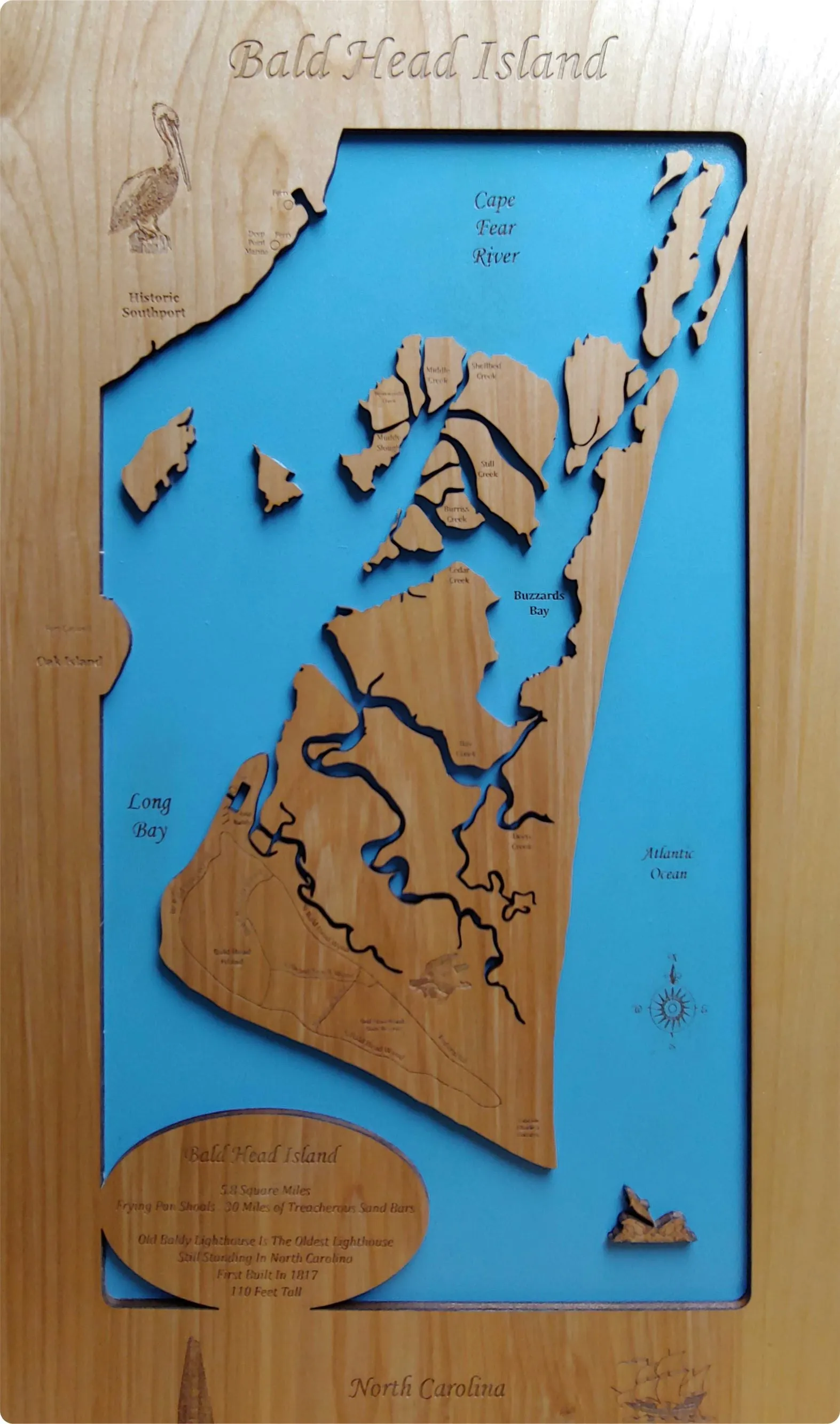 Bald Head Island, North Carolina - laser cut wood map