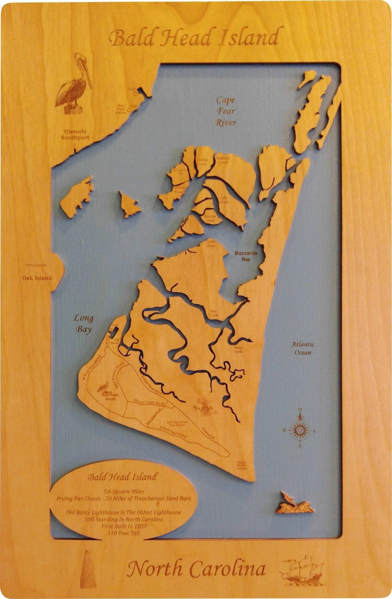 Bald Head Island, North Carolina - laser cut wood map