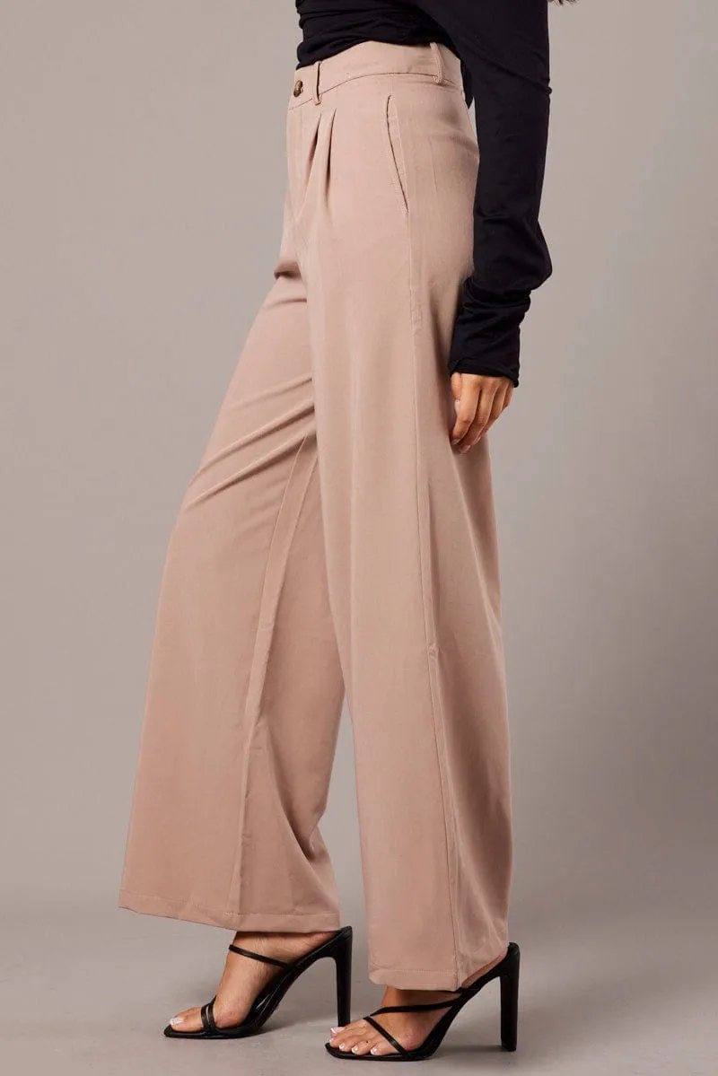 Beige Wide Leg Pants Mid Rise