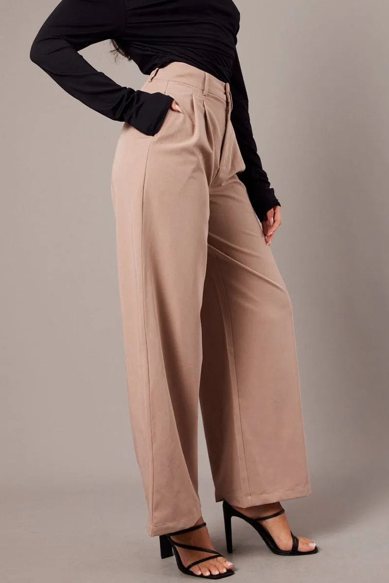 Beige Wide Leg Pants Mid Rise