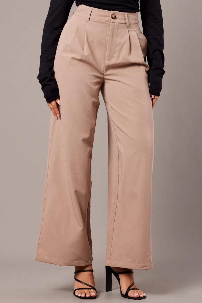 Beige Wide Leg Pants Mid Rise