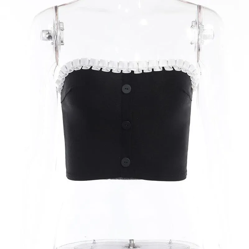 BerryBetty - Button contrast backless lace hem tube crop top