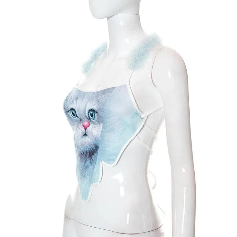 BerryBetty - Cat print self tie open back feather halter crop top