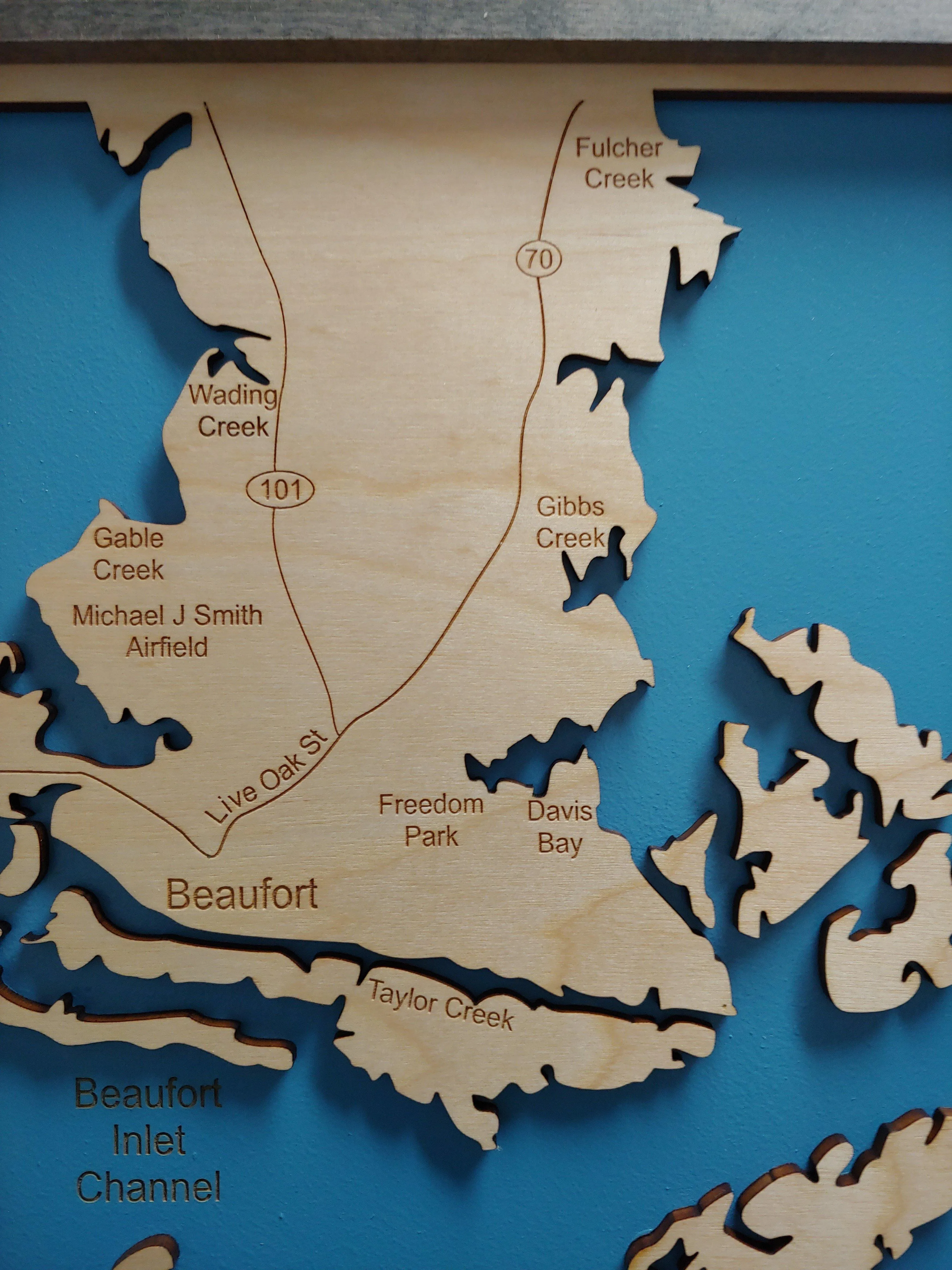 Cape Lookout, Southern Outer Banks, NC - laser cut wood map