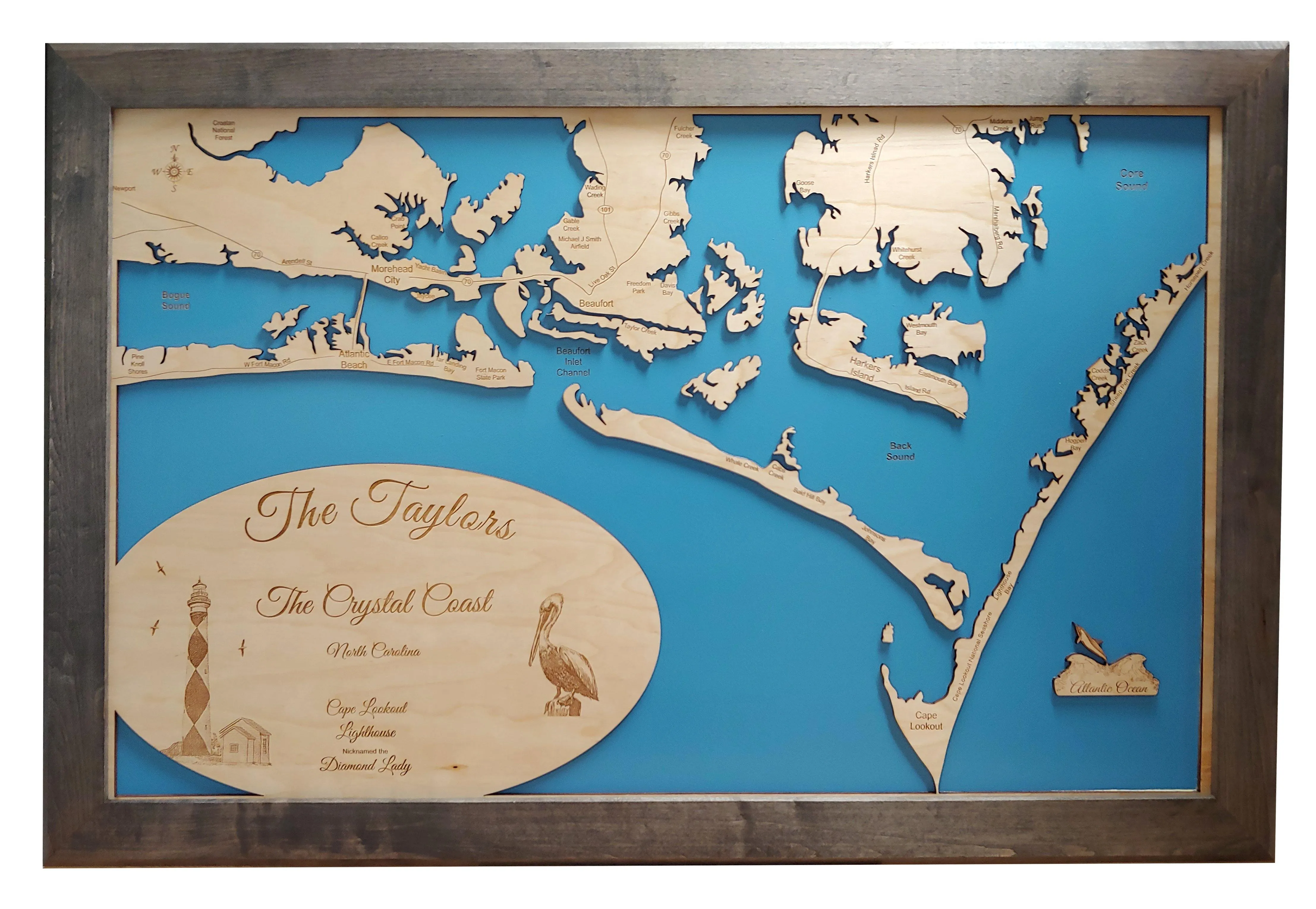 Cape Lookout, Southern Outer Banks, NC - laser cut wood map