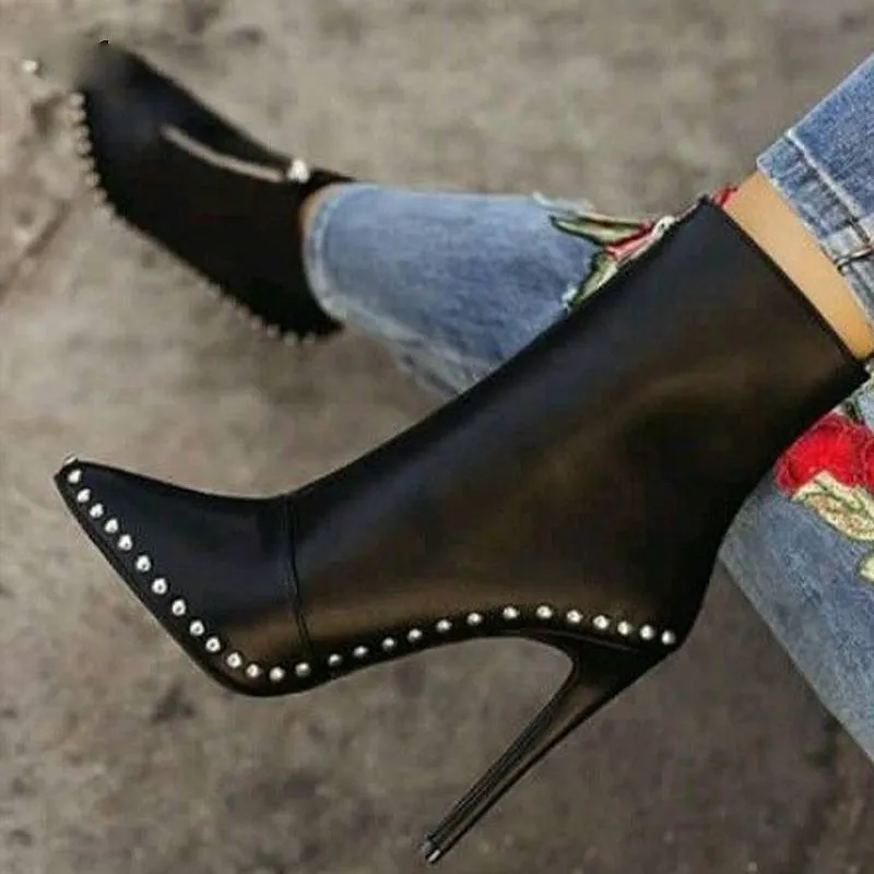 Casual Metal Decoration Rivet Thin Heels Pointed Toe Women Ankle Boots