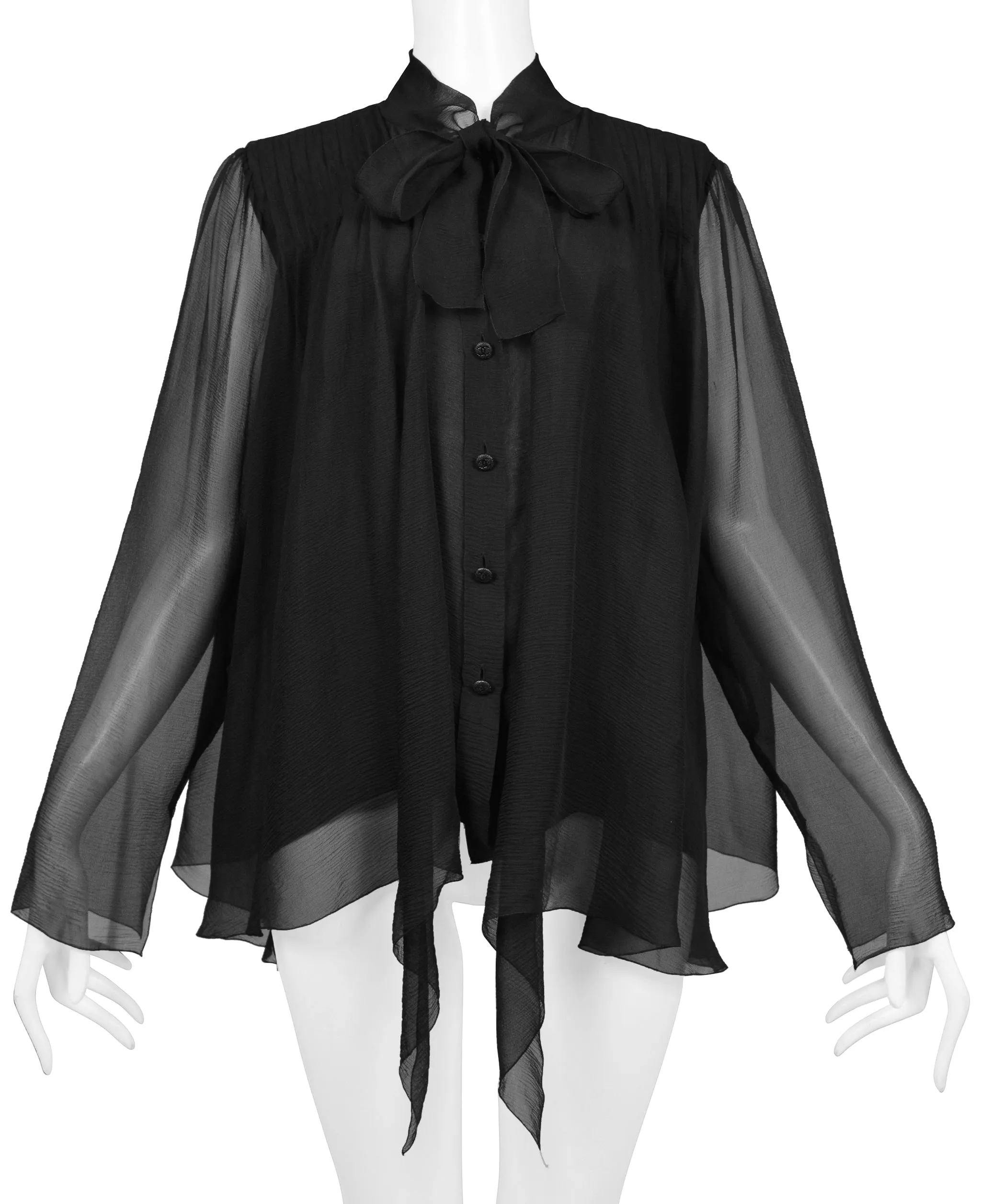 CHANEL BY KARL LAGERFELD BLACK CHIFFON PUSSY BOW BLOUSE WITH CC BUTTONS