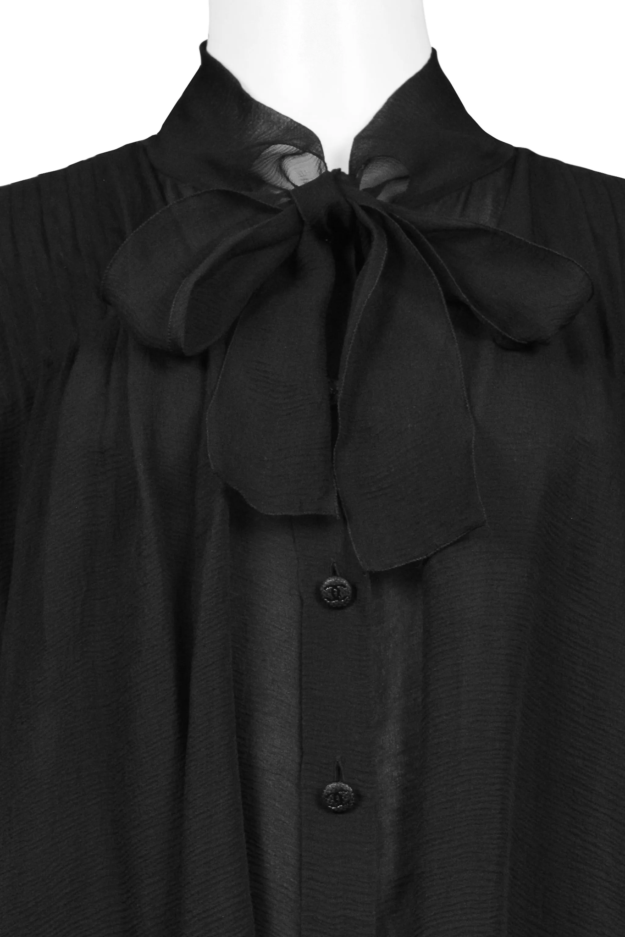 CHANEL BY KARL LAGERFELD BLACK CHIFFON PUSSY BOW BLOUSE WITH CC BUTTONS