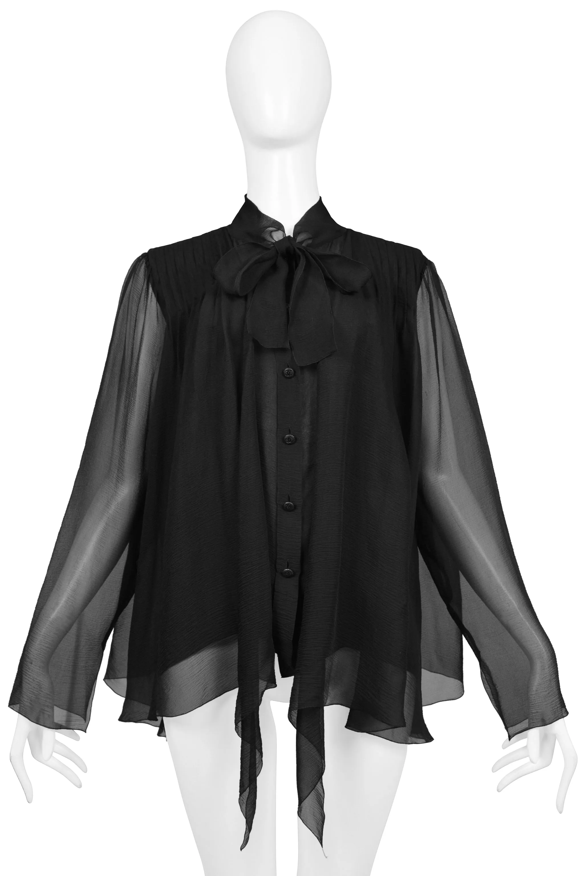 CHANEL BY KARL LAGERFELD BLACK CHIFFON PUSSY BOW BLOUSE WITH CC BUTTONS