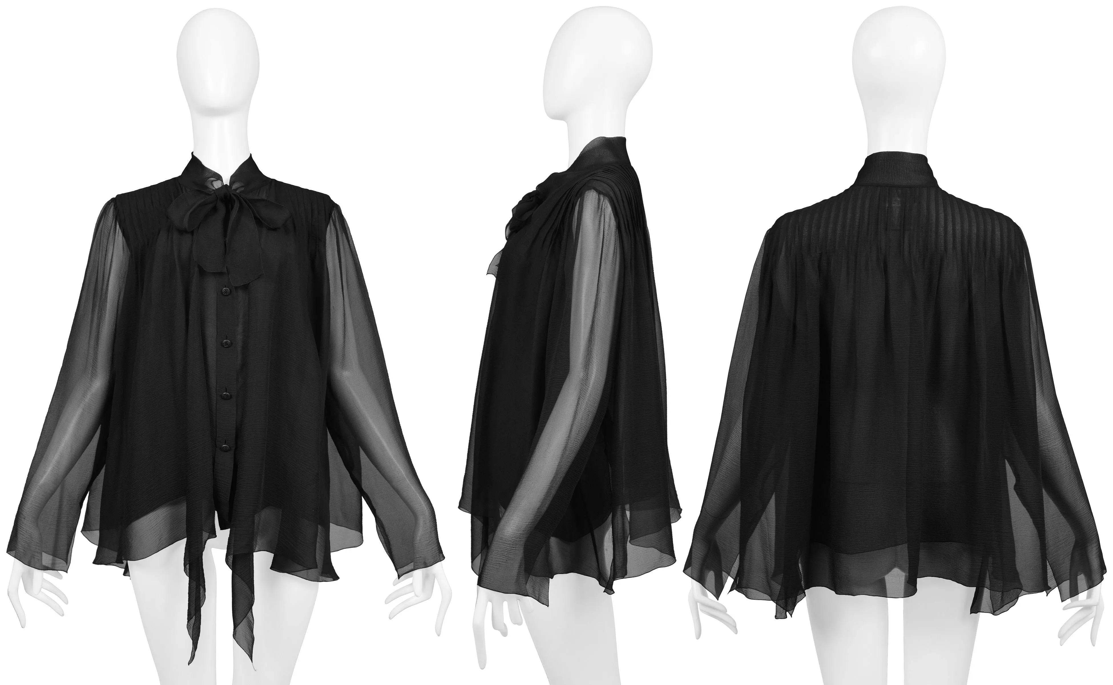 CHANEL BY KARL LAGERFELD BLACK CHIFFON PUSSY BOW BLOUSE WITH CC BUTTONS