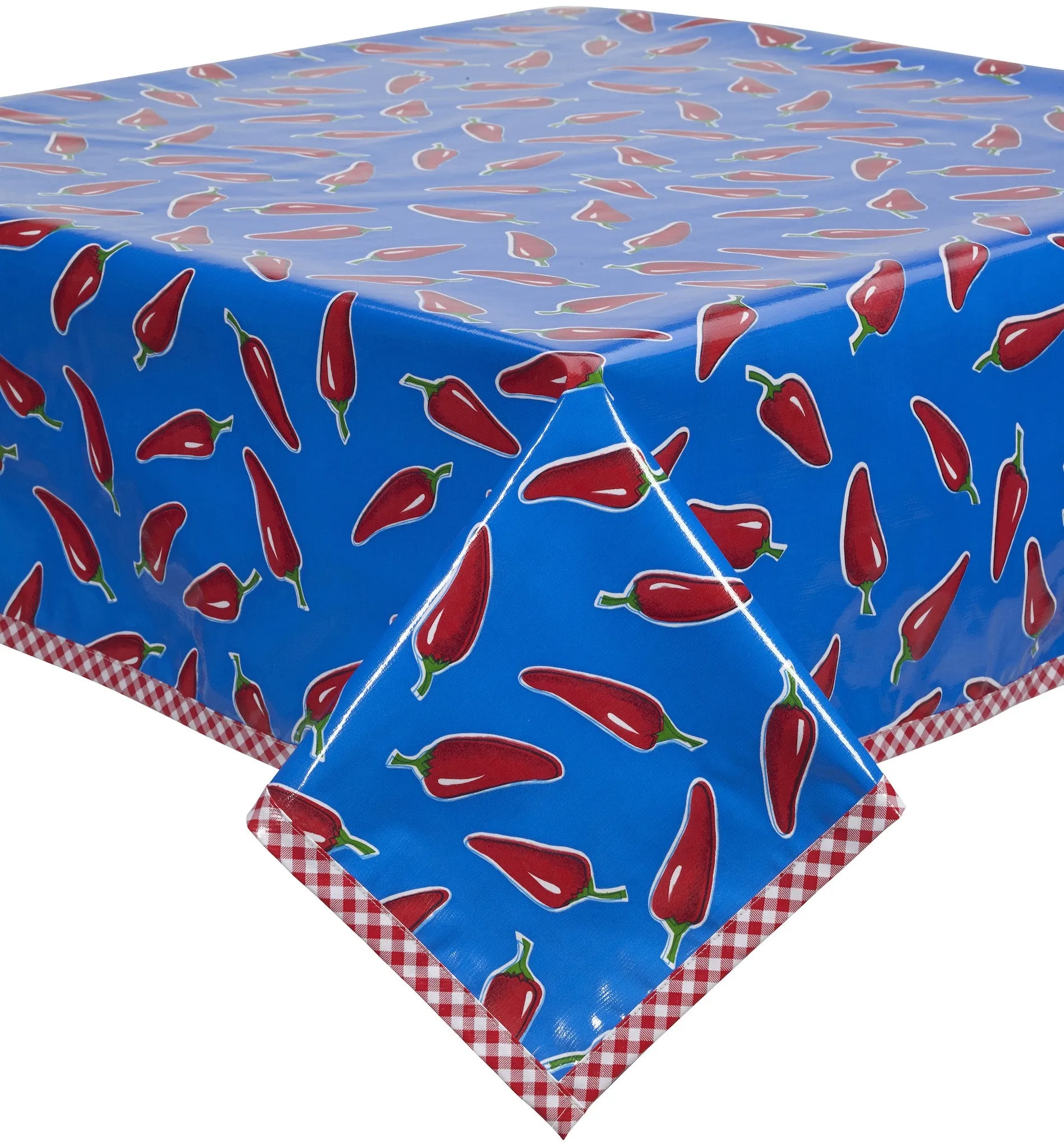 Chili Peppers on Blue Oilcloth Tablecloth with Red Gingham Trim