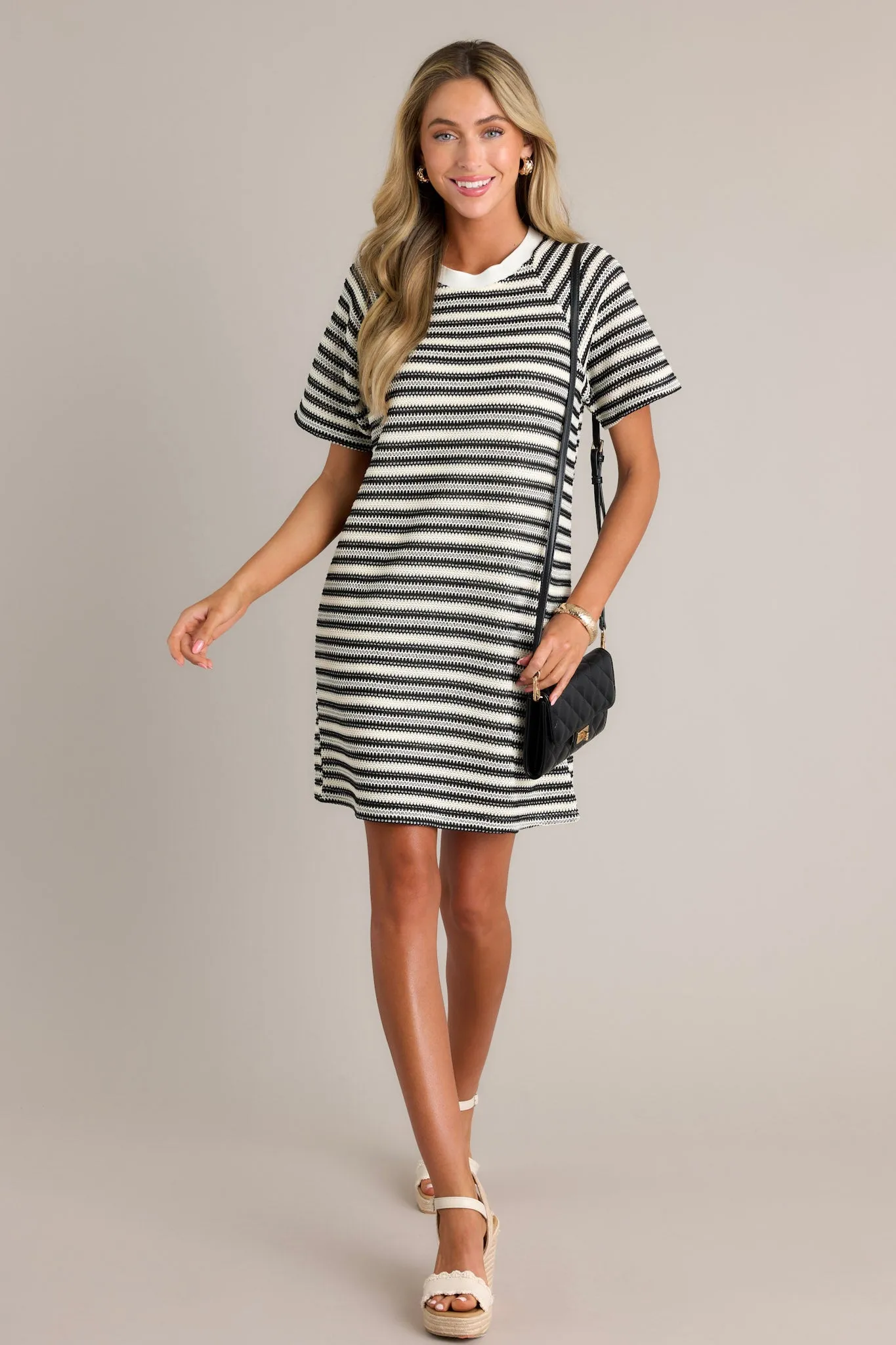 Classic Comfort Black Stripe Knit Mini Dress