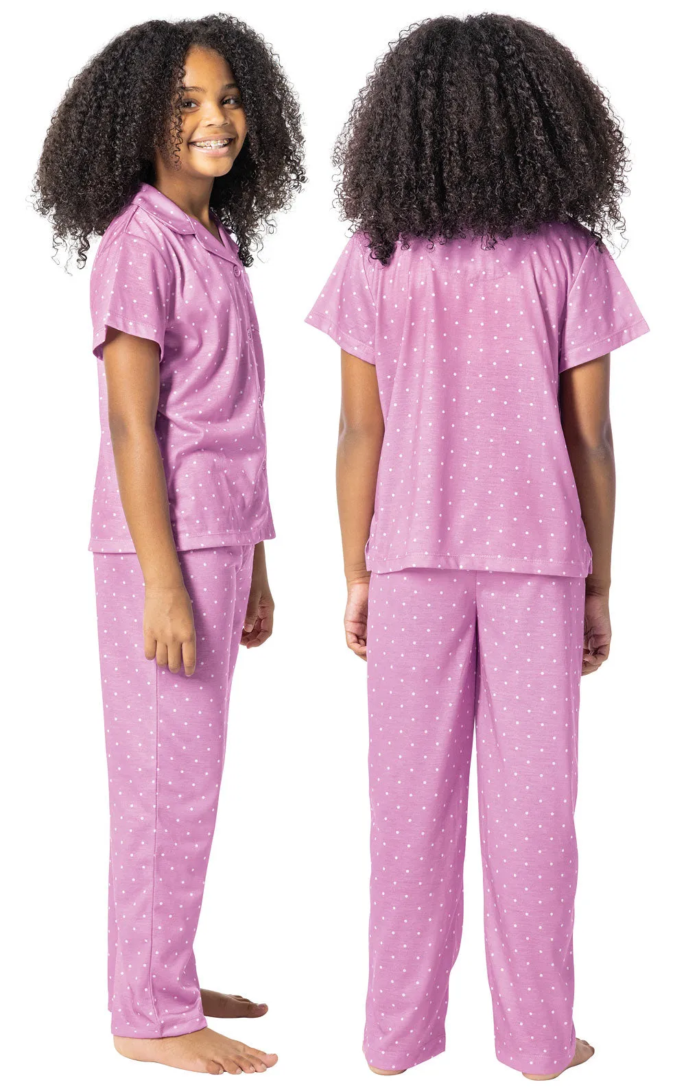 Classic Polka-Dot Short Sleeve Button-Front Girls Pajamas