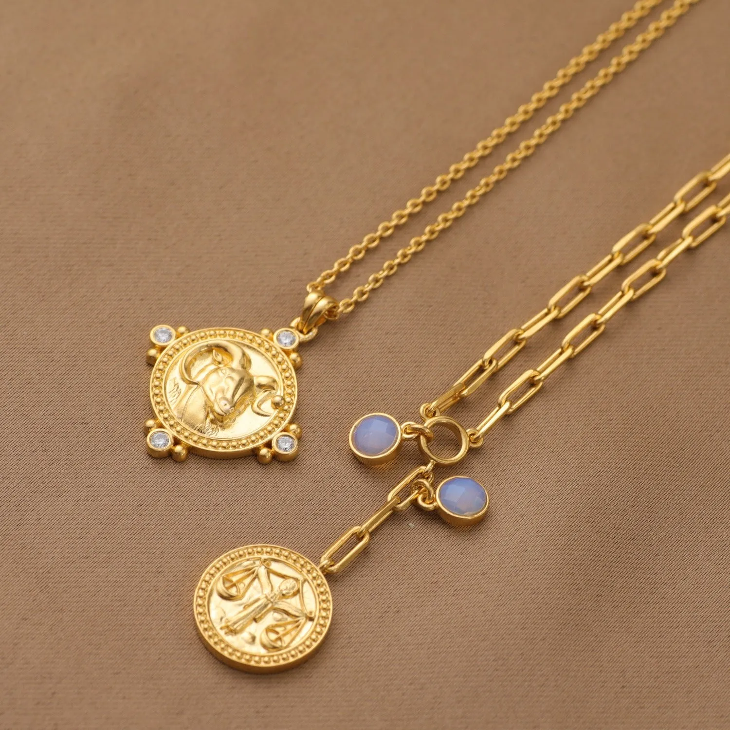 Crystal Aries Zodiac Coin Gold Plated Silver Necklace