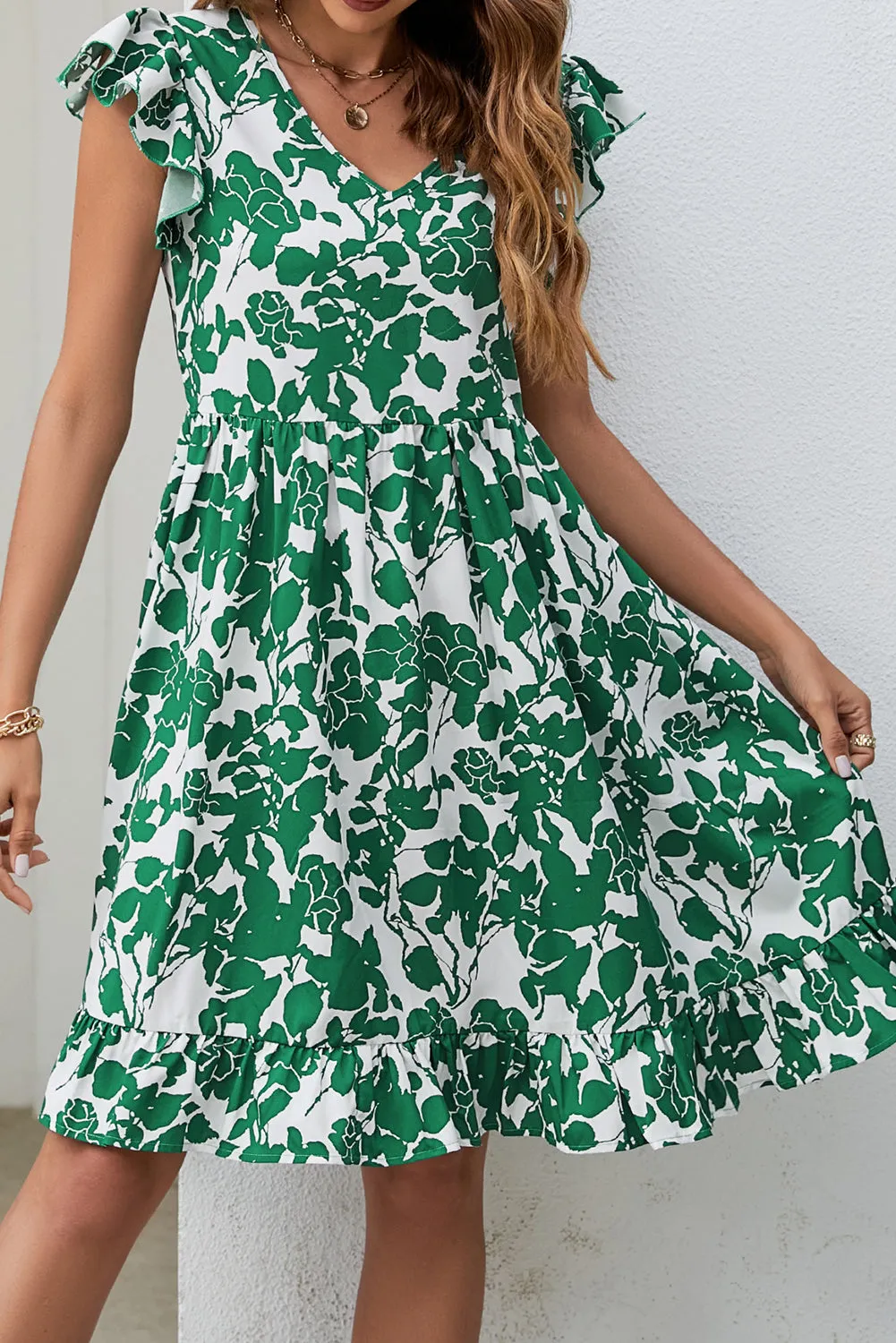 Dark Green Leaf Print V Neck Flutter Sleeve Dress