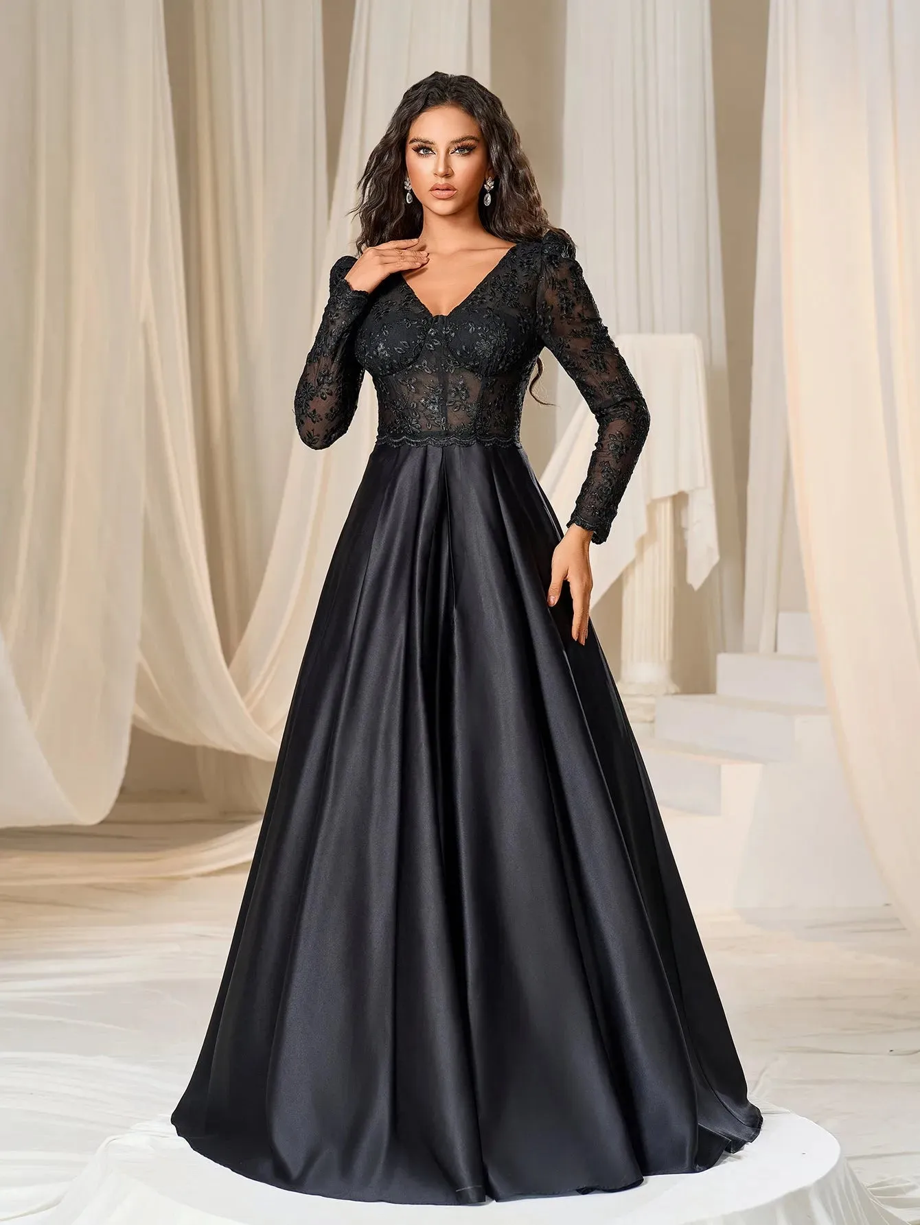 Elegant V Neck Lace Bodice Satin A-line Prom Dress