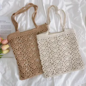 Elena Handbags Crochet Medium Cotton Knitted Top Handle Bag with Floral Design