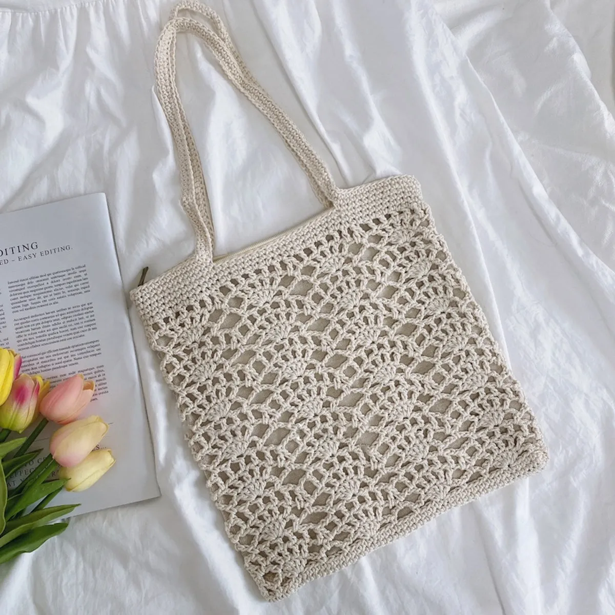 Elena Handbags Crochet Medium Cotton Knitted Top Handle Bag with Floral Design