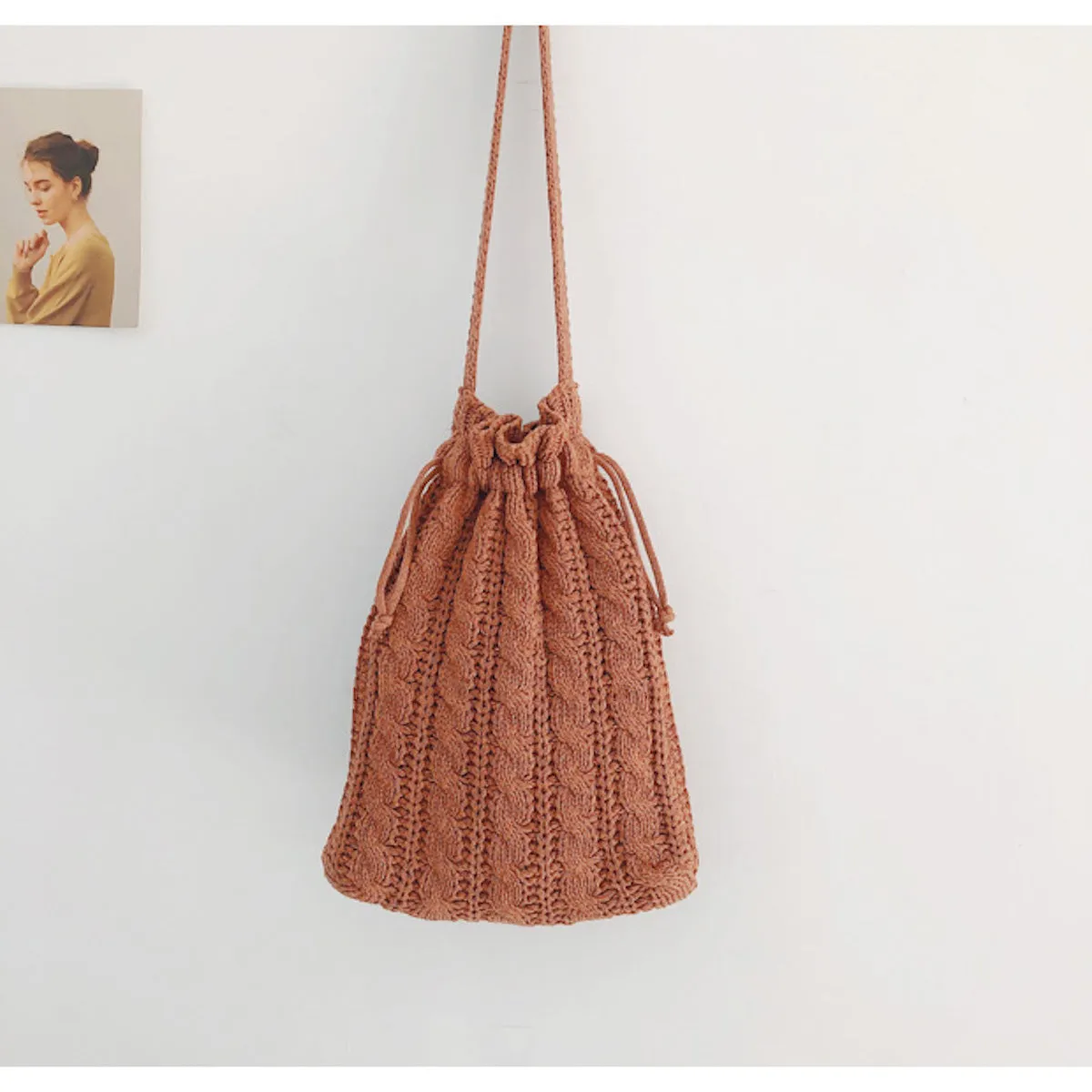 Elena Handbags Handmade Cotton Knitted Drawstring Bag