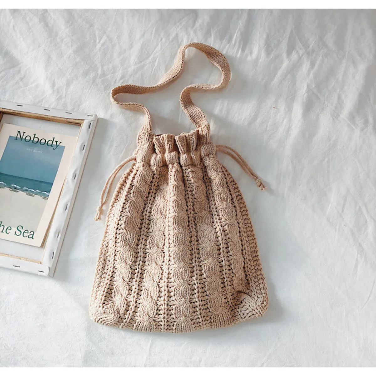 Elena Handbags Handmade Cotton Knitted Drawstring Bag