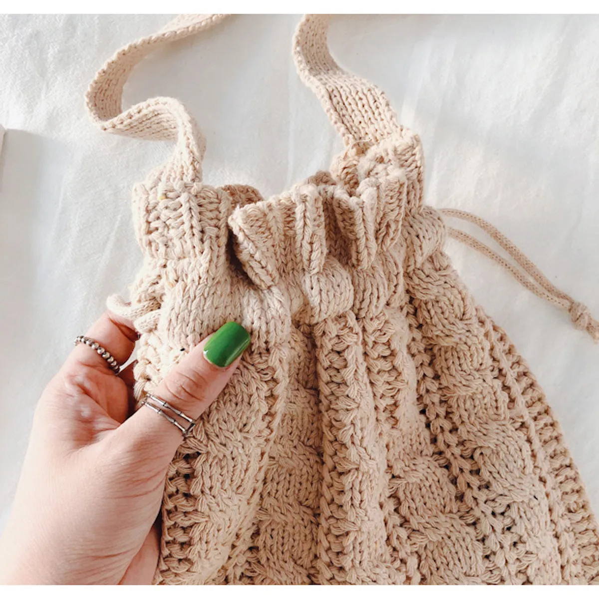 Elena Handbags Handmade Cotton Knitted Drawstring Bag