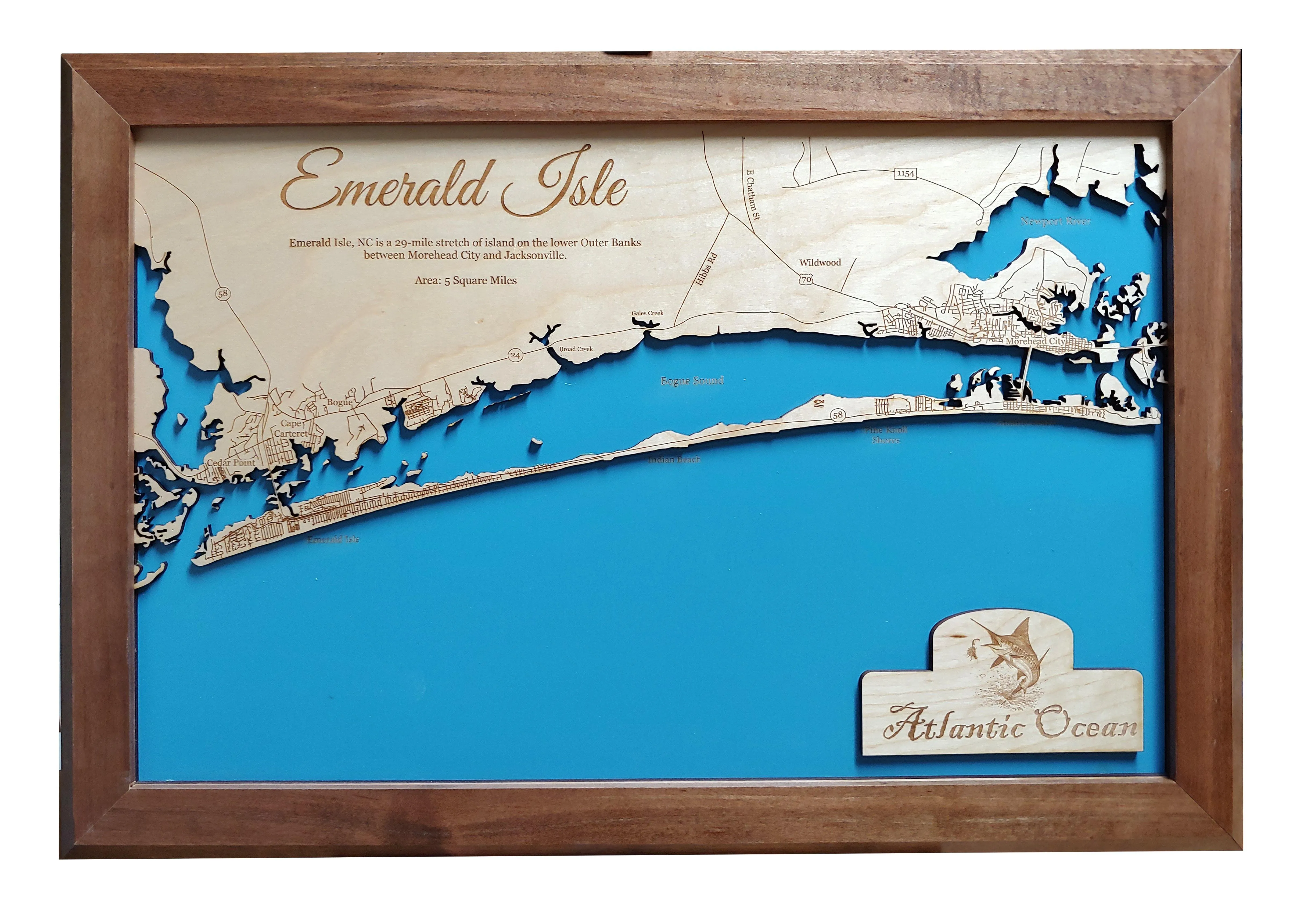 Emerald Isle, North Carolina Coastal Map - laser cut wood map