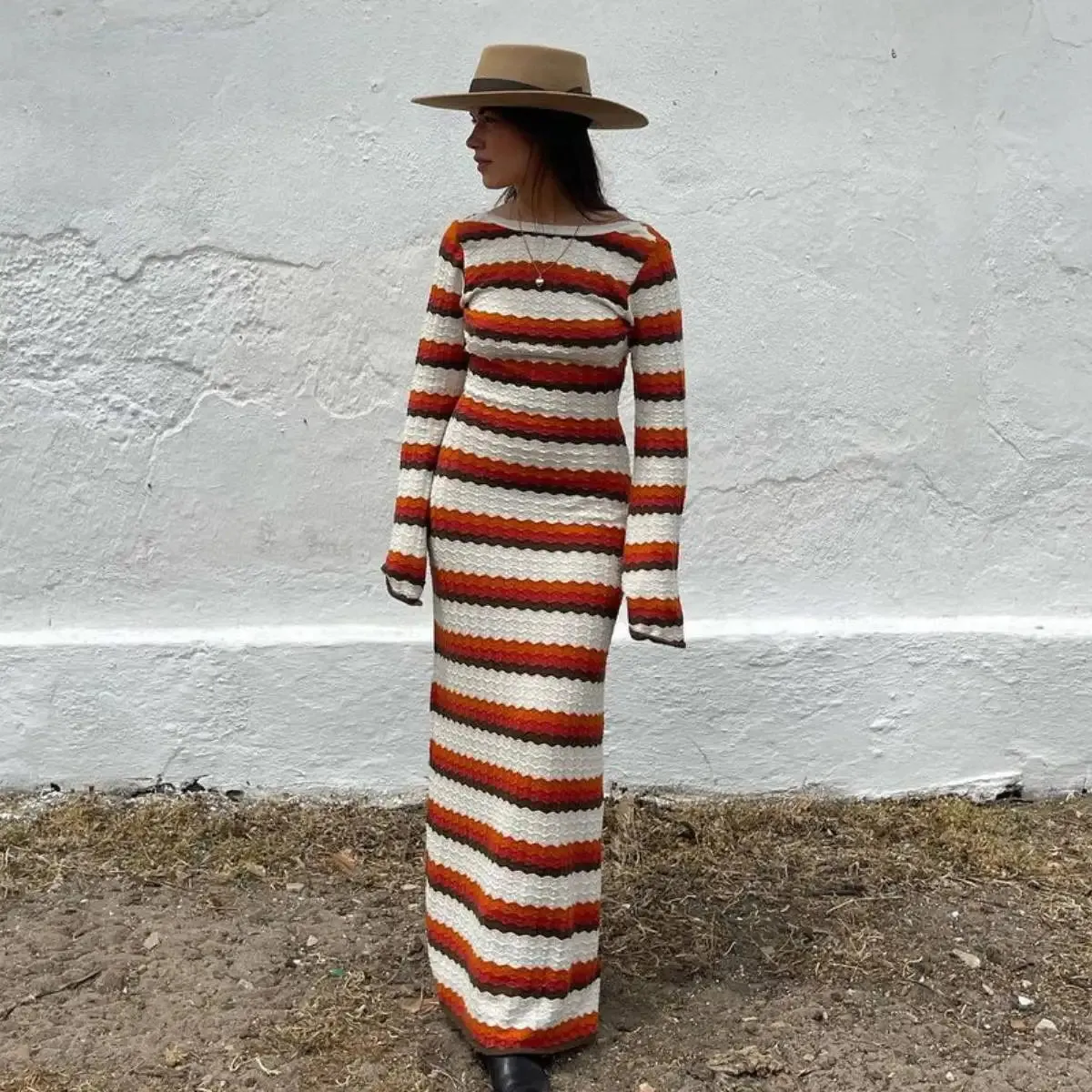 Fashion Striped Knitted Beach Long Sleeve Backless Loose Casual Holiday Vacation Summer Maxi Dress