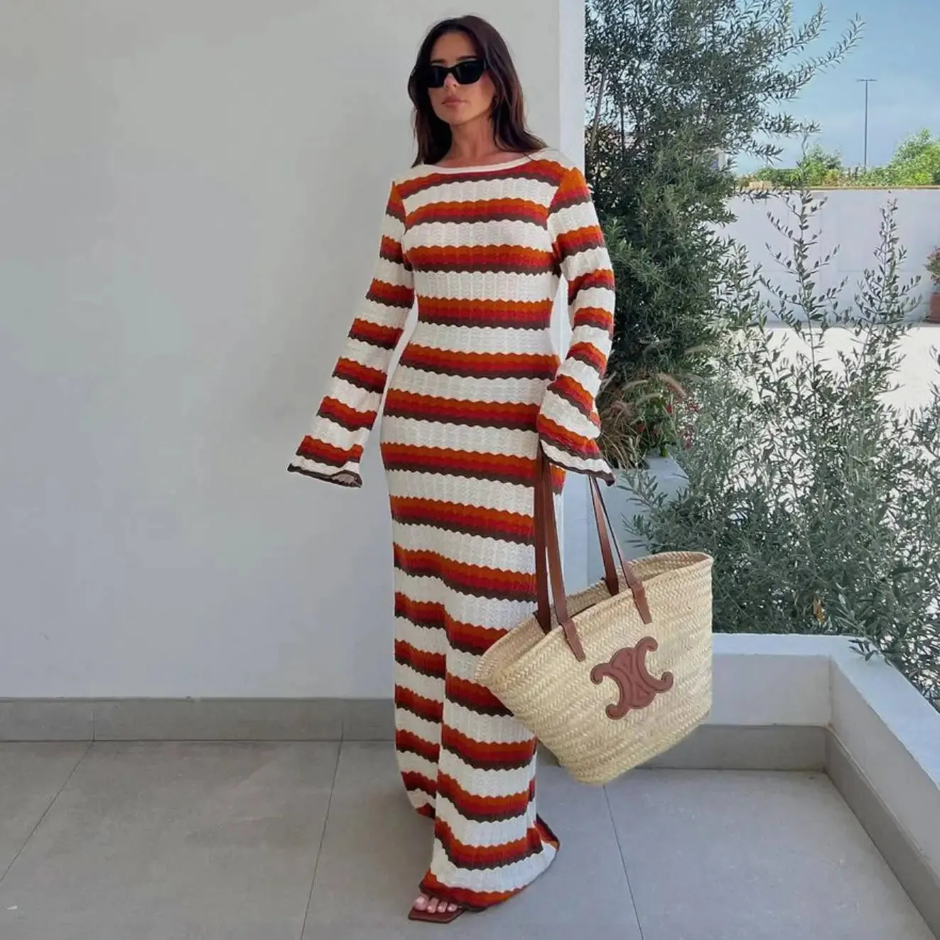 Fashion Striped Knitted Beach Long Sleeve Backless Loose Casual Holiday Vacation Summer Maxi Dress