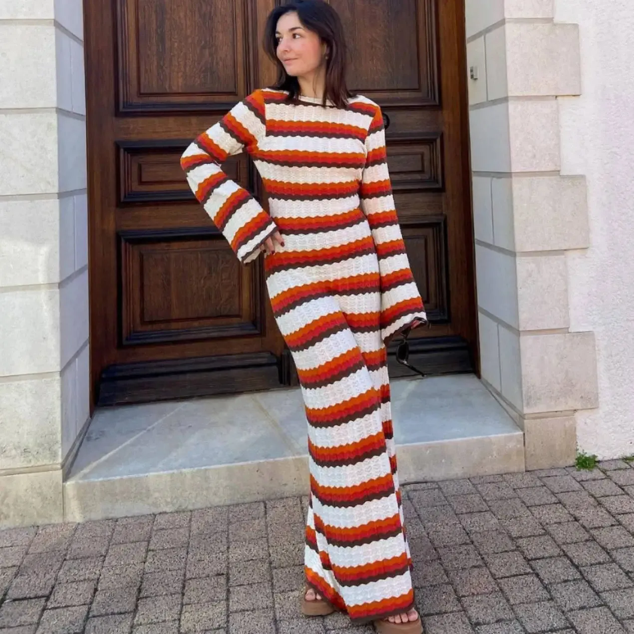 Fashion Striped Knitted Beach Long Sleeve Backless Loose Casual Holiday Vacation Summer Maxi Dress