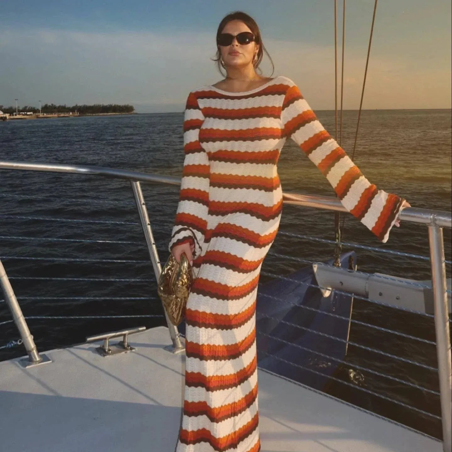 Fashion Striped Knitted Beach Long Sleeve Backless Loose Casual Holiday Vacation Summer Maxi Dress