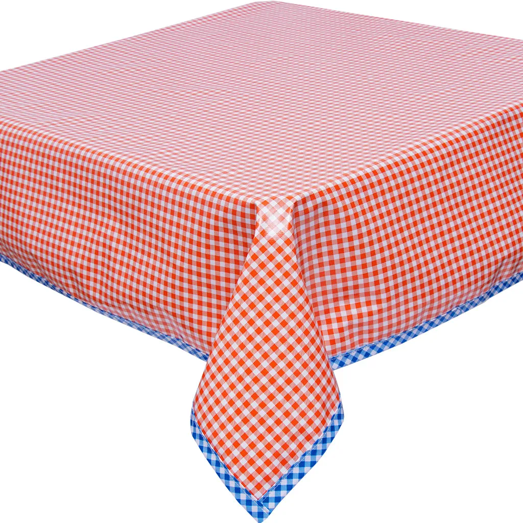 Gingham Orange Oilcloth Tablecloth with Blue Gingham Trim