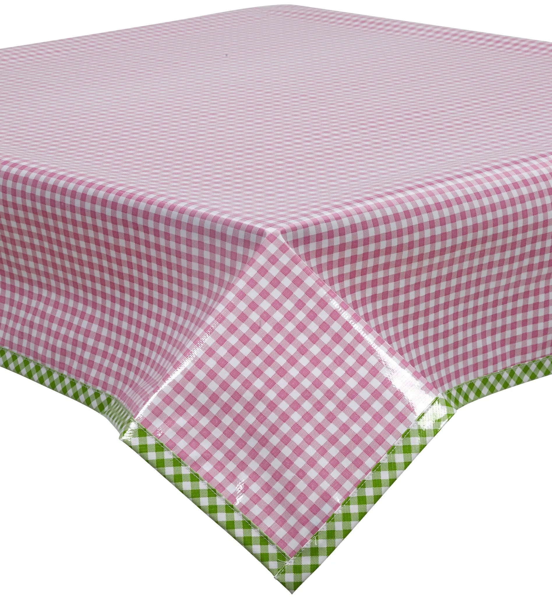 Gingham Pink Oilcloth Tablecloth with Lime Gingham Trim