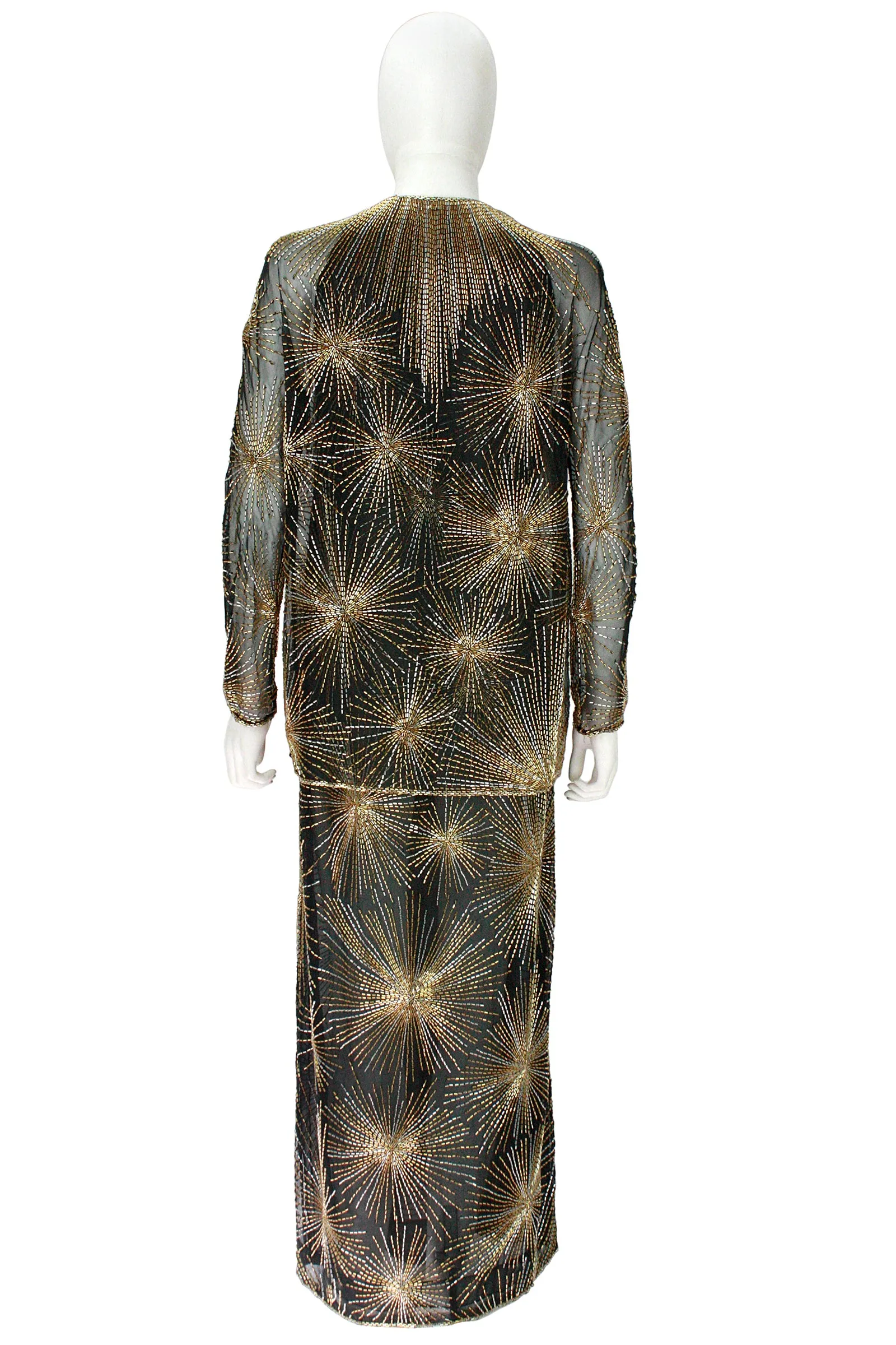 HALSTON 1970s Black Evening Dress  & Jacket with Beaded Fireworks