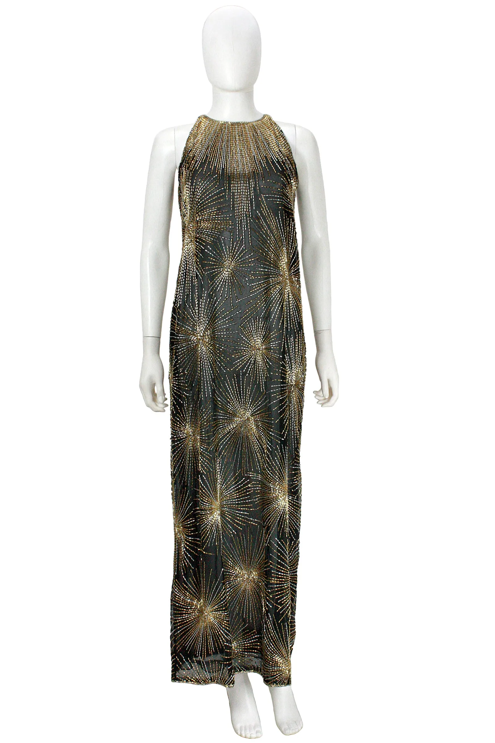 HALSTON 1970s Black Evening Dress  & Jacket with Beaded Fireworks