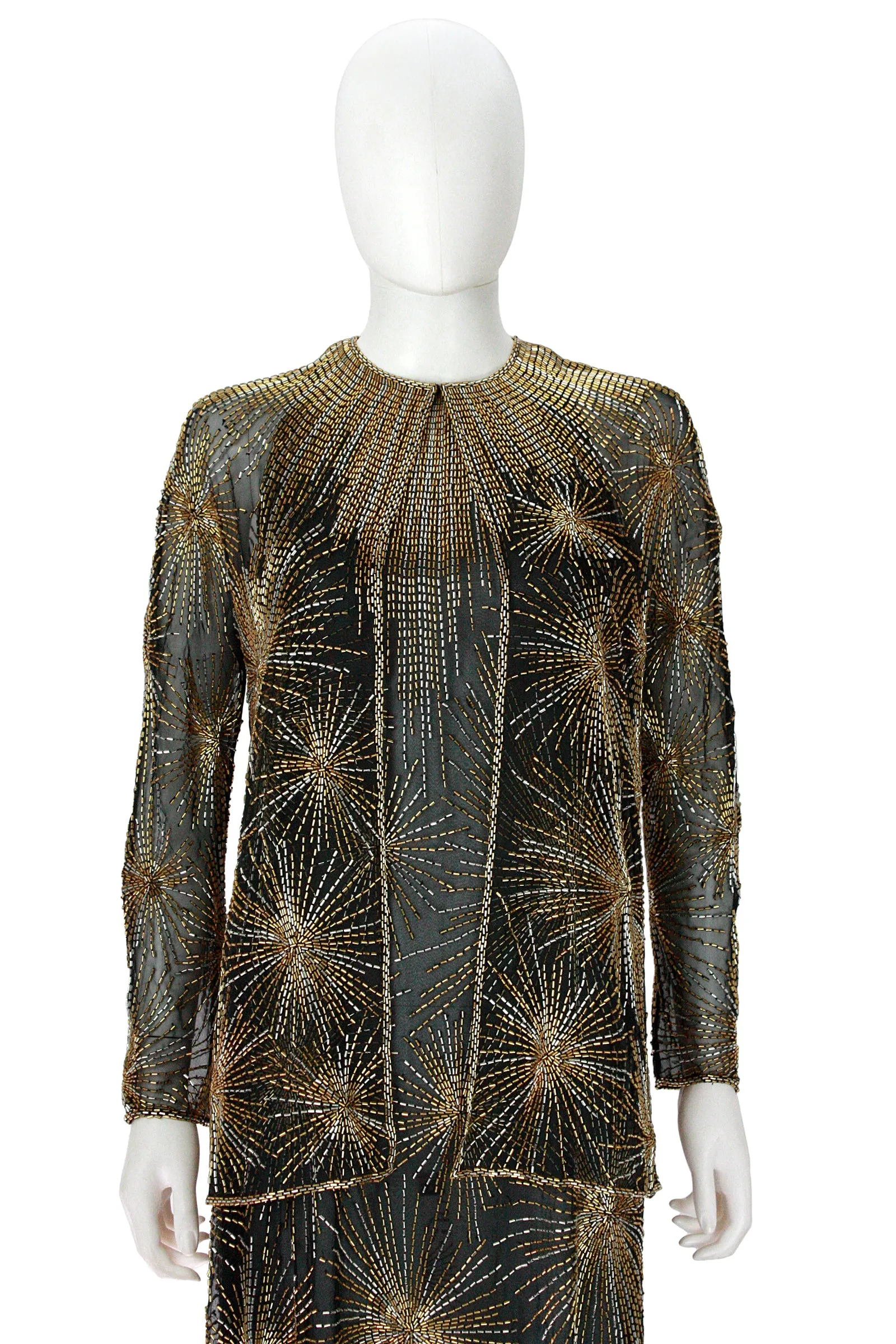 HALSTON 1970s Black Evening Dress  & Jacket with Beaded Fireworks