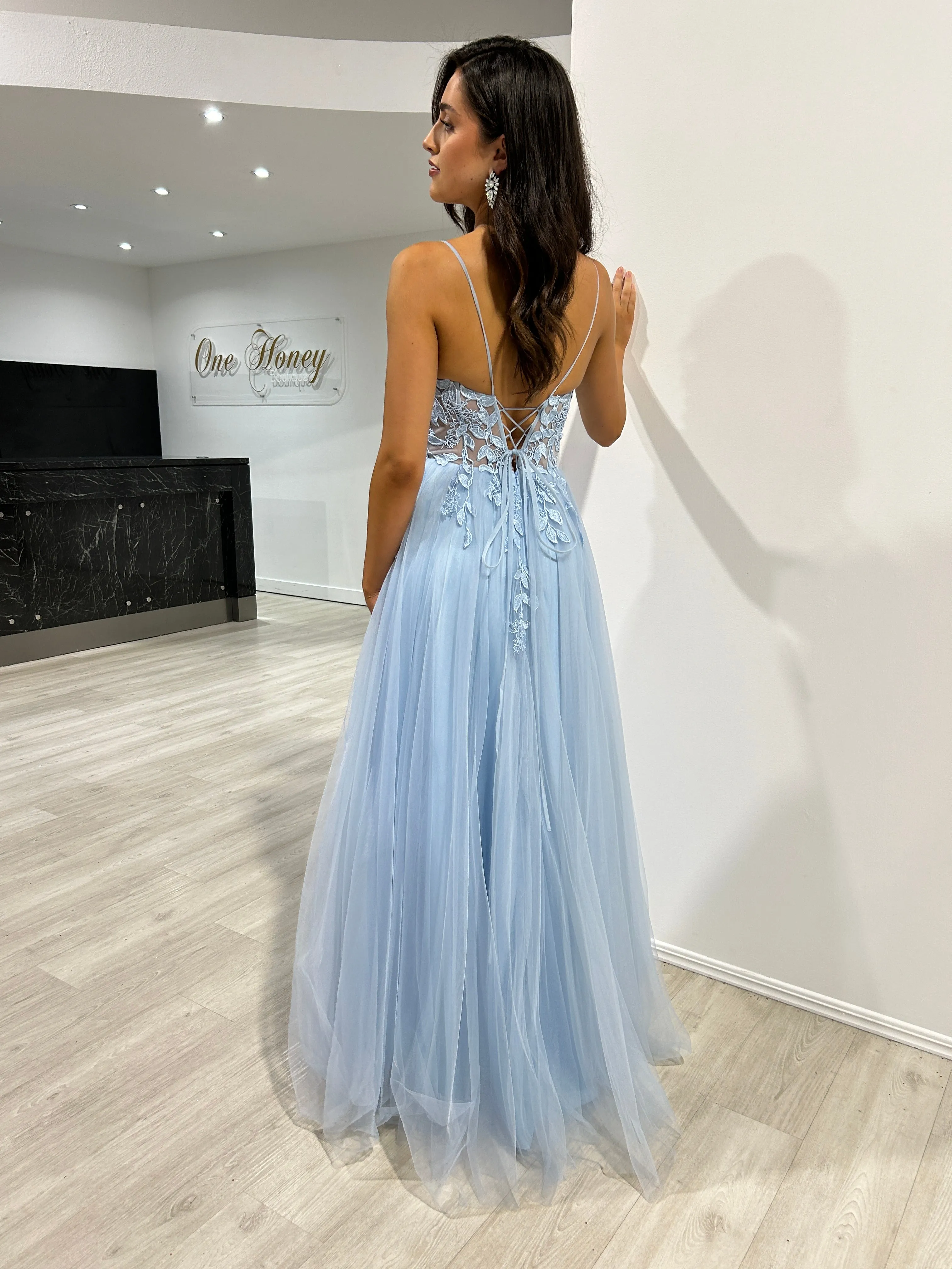 Honey Couture JARRISSA Blue Tulle A Line Formal Dress