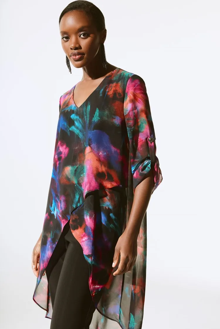 Joseph Ribkoff Black/Multi Floral Print Chiffon High-Low Tunic