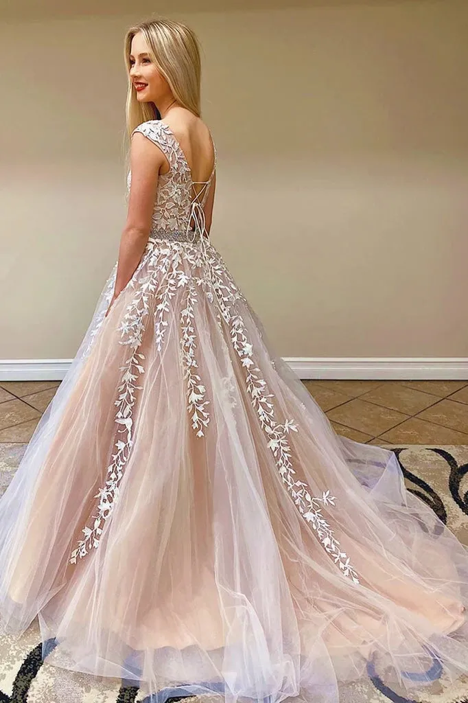 Lace Appliques Long Prom Dresses, Long Tulle Wedding Dresses PO396