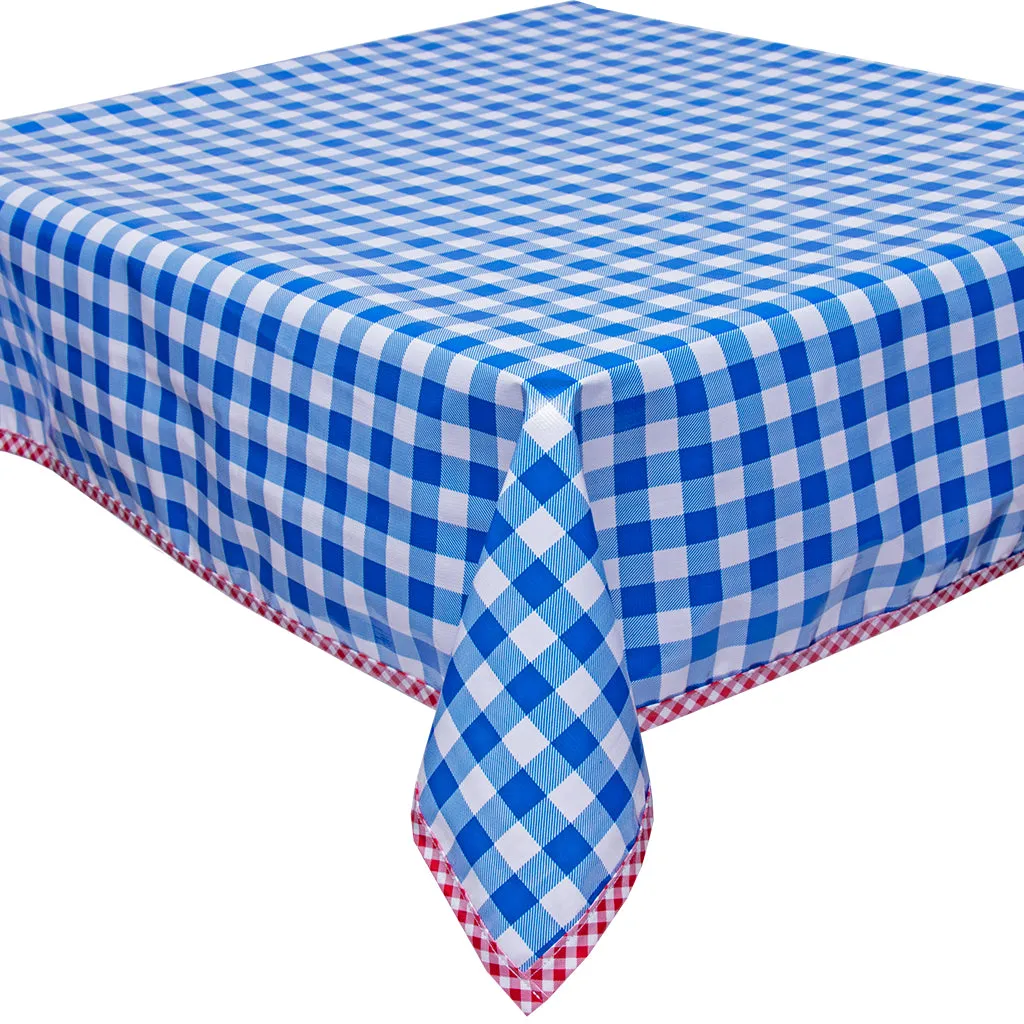 Large Gingham Blue Oilcloth Tablecloth with Red Gingham Trim