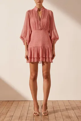 LAUREN BUTTON UP RUCHED MINI DRESS - BLUSH