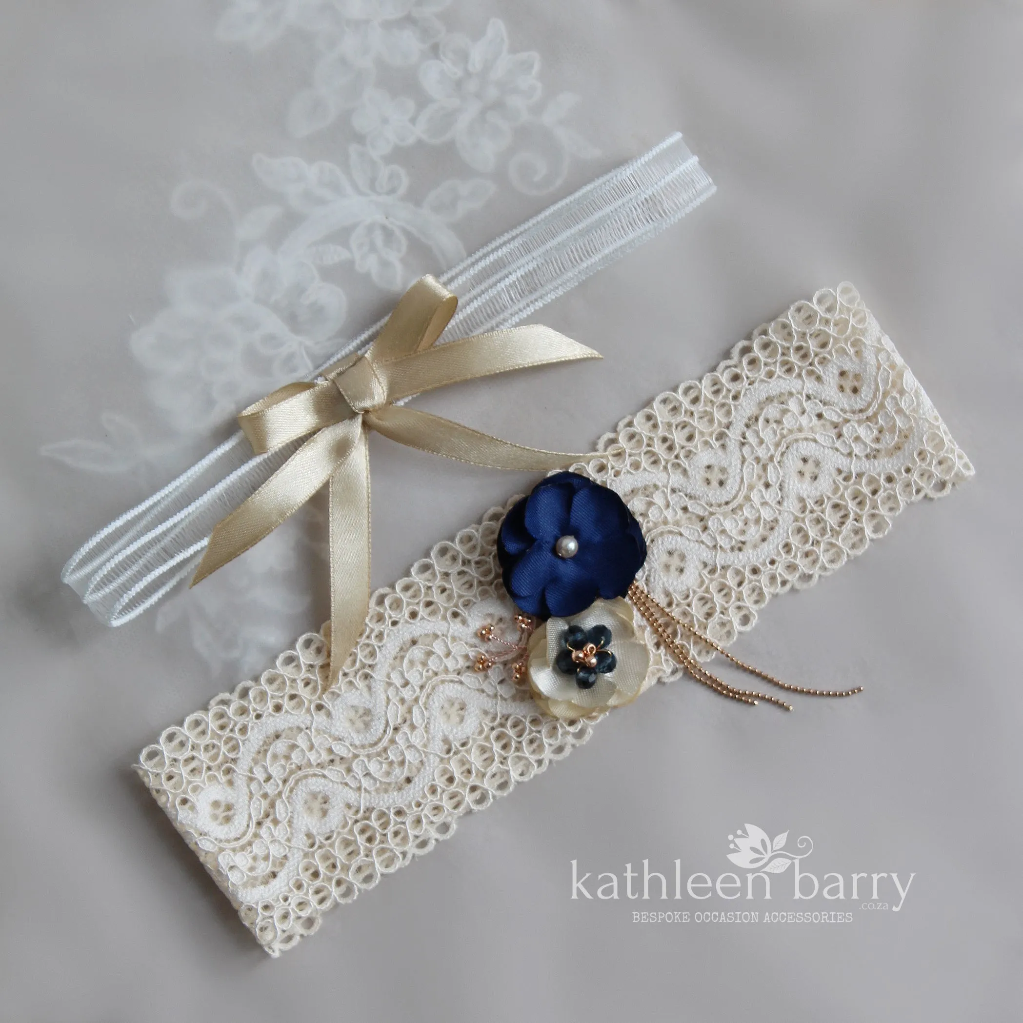 Lauren Garter Navy blue and cream champagne rose gold tones Custom colors to order