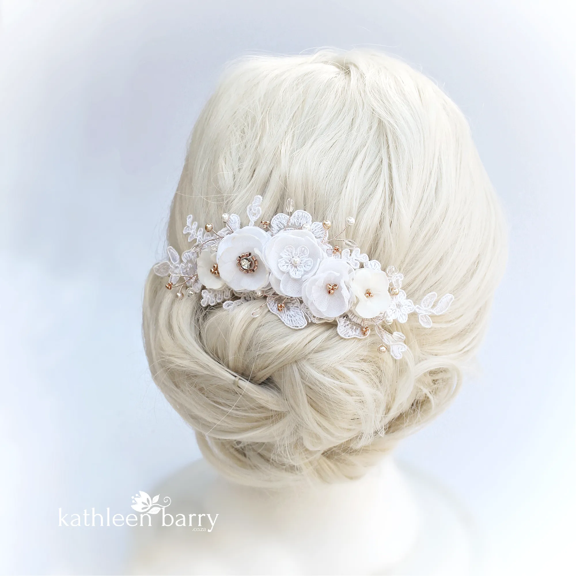 Linda Floral Cafe Latte Lace Bridal Hair Veil Comb, Luxury handmade Flowers, Crystals & Pearls - custom colors available