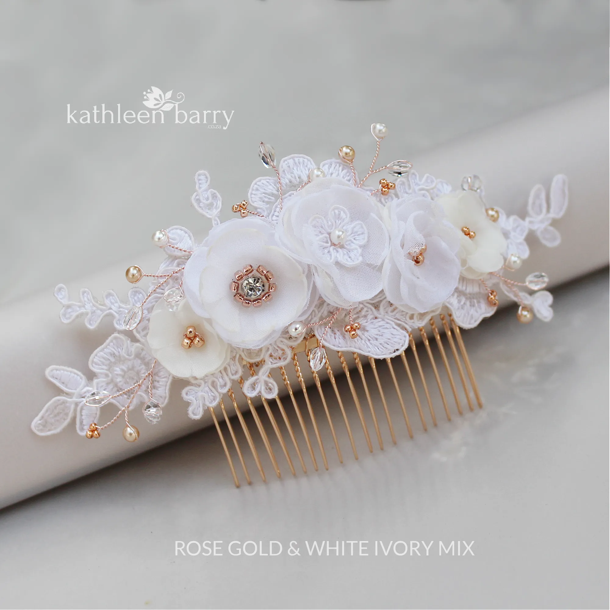 Linda Floral Cafe Latte Lace Bridal Hair Veil Comb, Luxury handmade Flowers, Crystals & Pearls - custom colors available