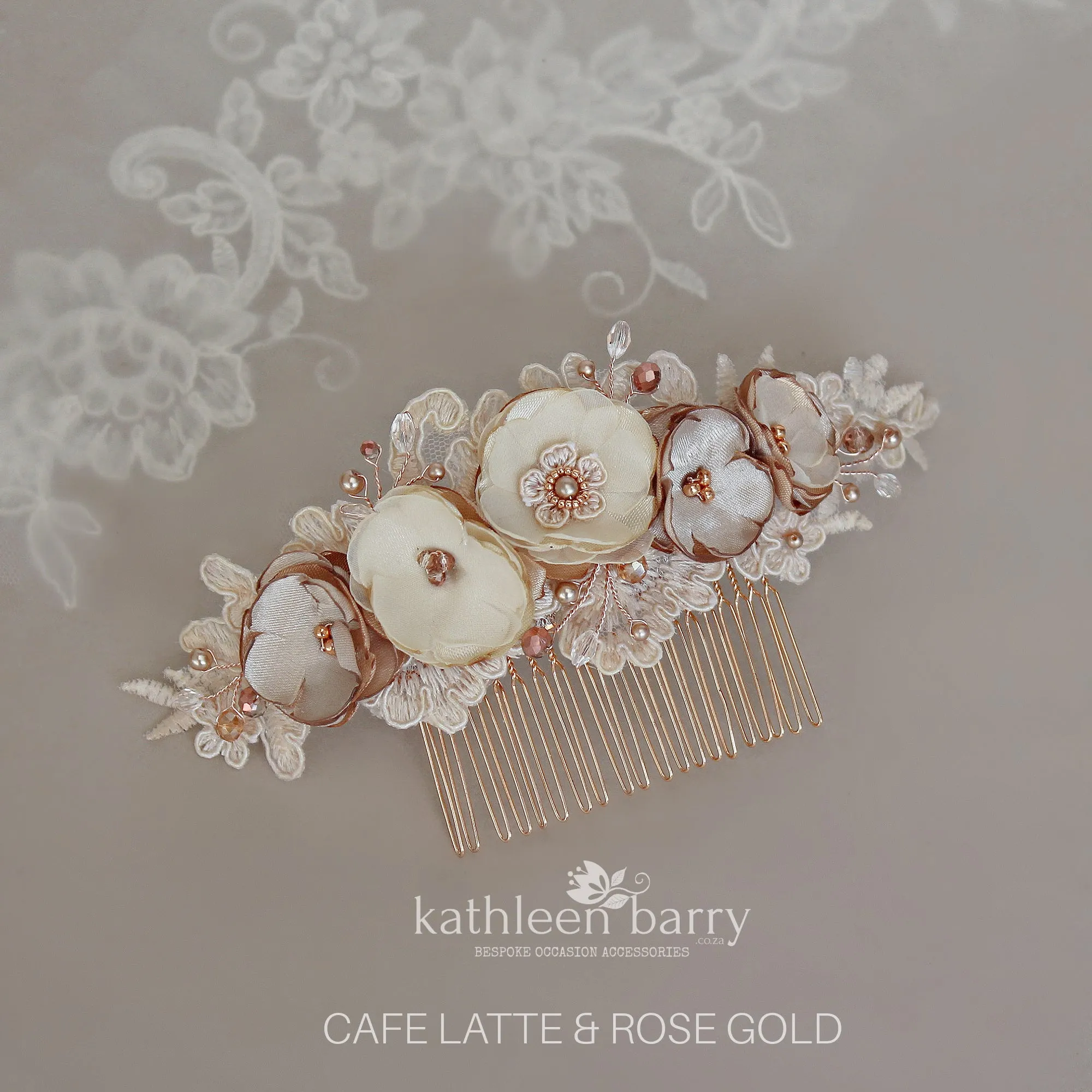 Linda Floral Cafe Latte Lace Bridal Hair Veil Comb, Luxury handmade Flowers, Crystals & Pearls - custom colors available