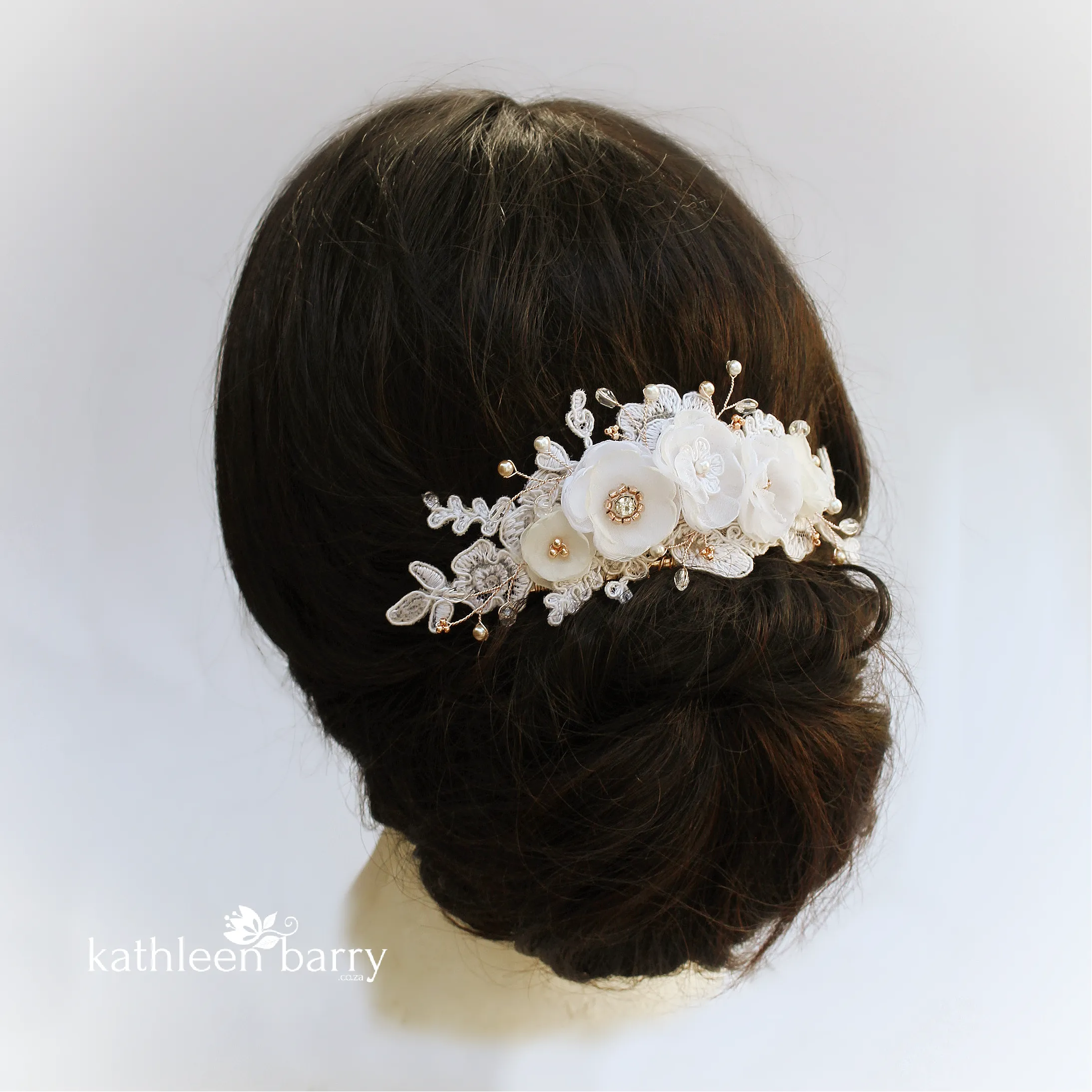 Linda Floral Cafe Latte Lace Bridal Hair Veil Comb, Luxury handmade Flowers, Crystals & Pearls - custom colors available