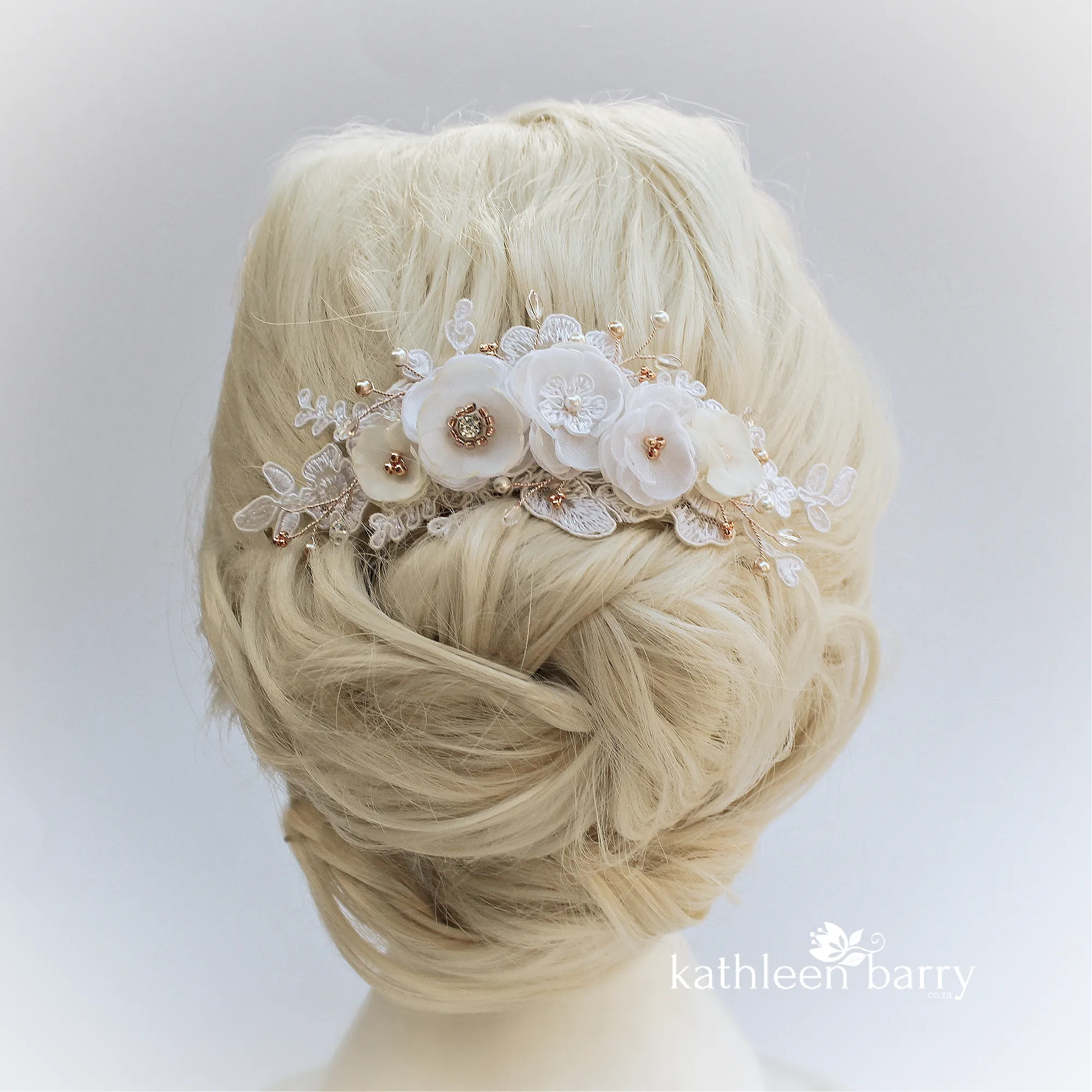 Linda Floral Cafe Latte Lace Bridal Hair Veil Comb, Luxury handmade Flowers, Crystals & Pearls - custom colors available