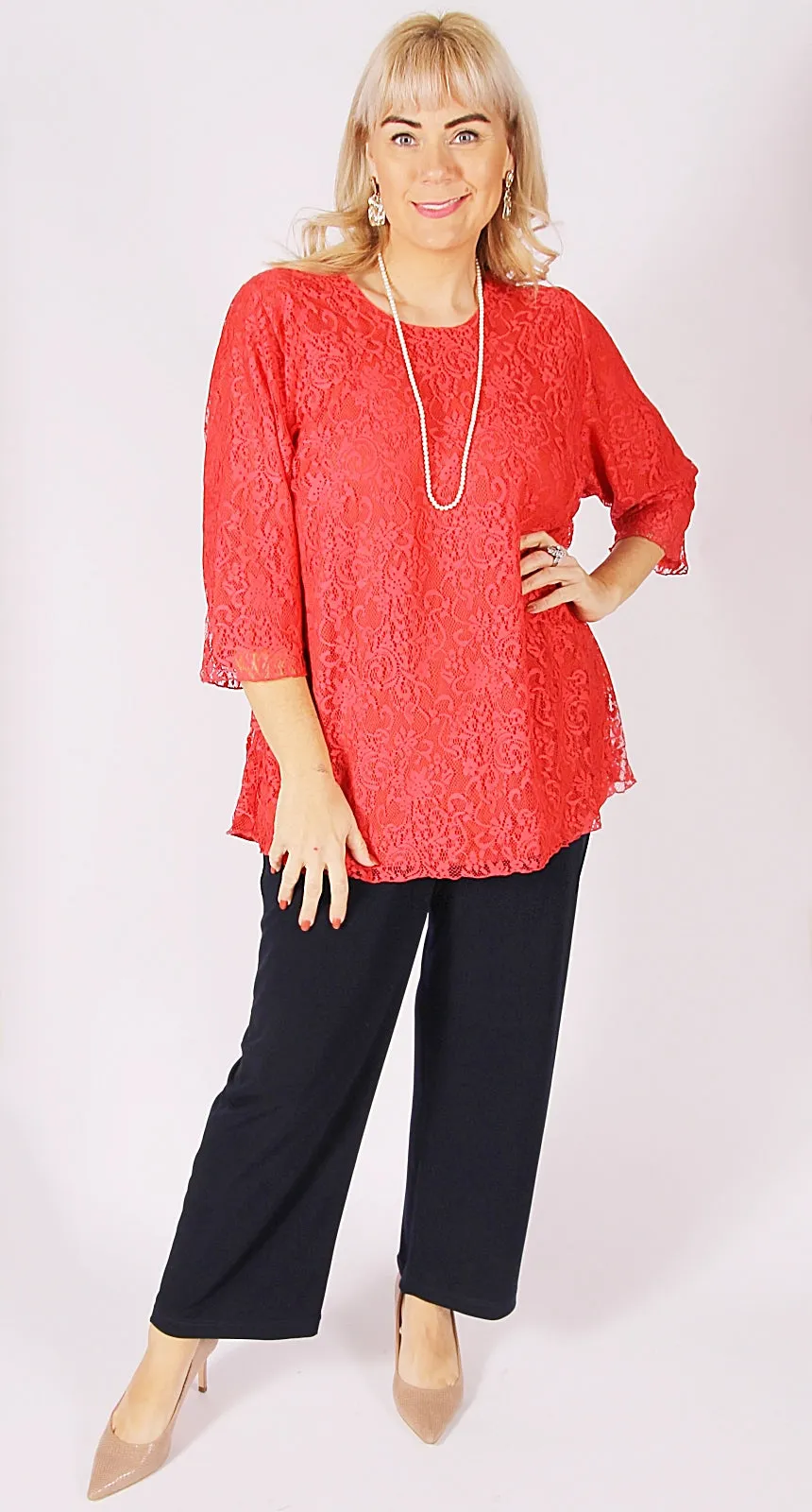 Lovely Lace Round Neck Top Coral