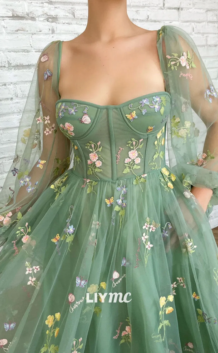 LP1916 - Green Tulle Lace Tea Length Prom Dress, Green Evening Dress