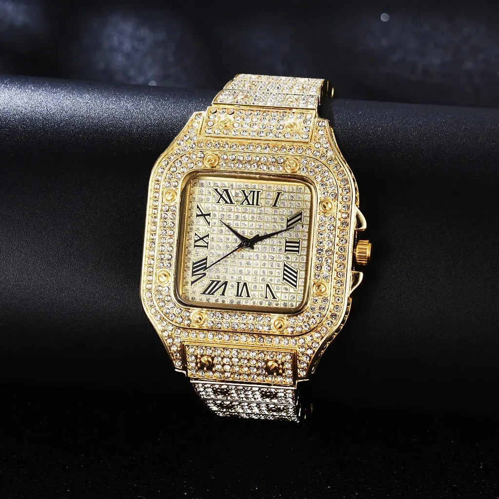 Luxury Moissanite Iced Out Watch - Unisex, Diamond-Studded Stainless Steel.