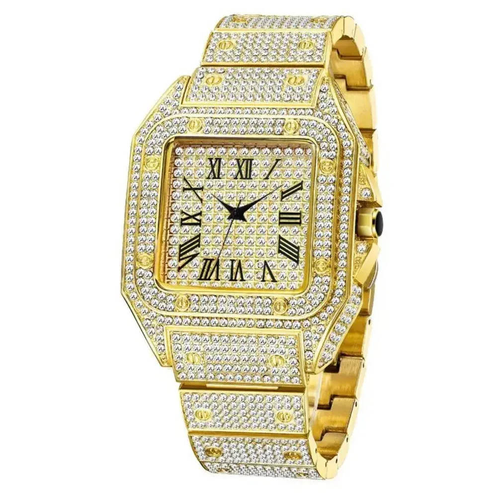 Luxury Moissanite Iced Out Watch - Unisex, Diamond-Studded Stainless Steel.